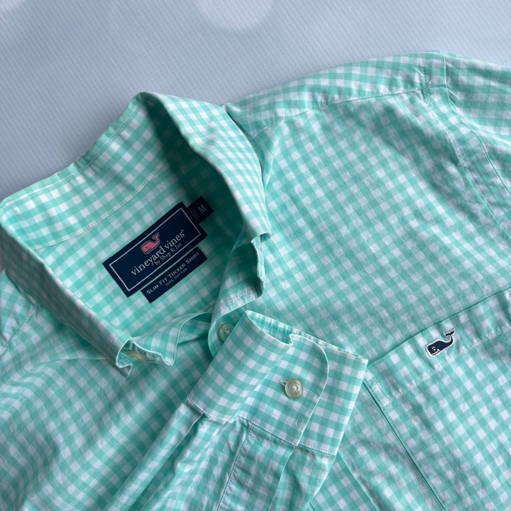Vineyard Vines Mens Mint Green Gingham Shirt M Whale Nautical Preppy Coastal